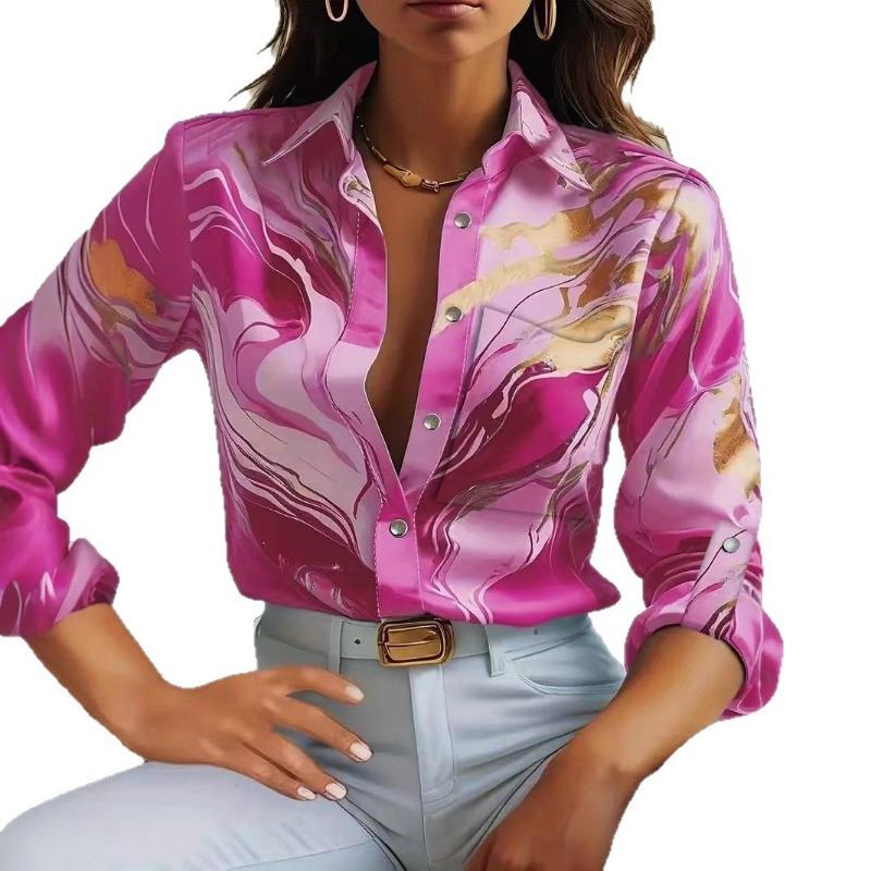 women marble print satin shirt collared long sleeve casual slim fit blouse