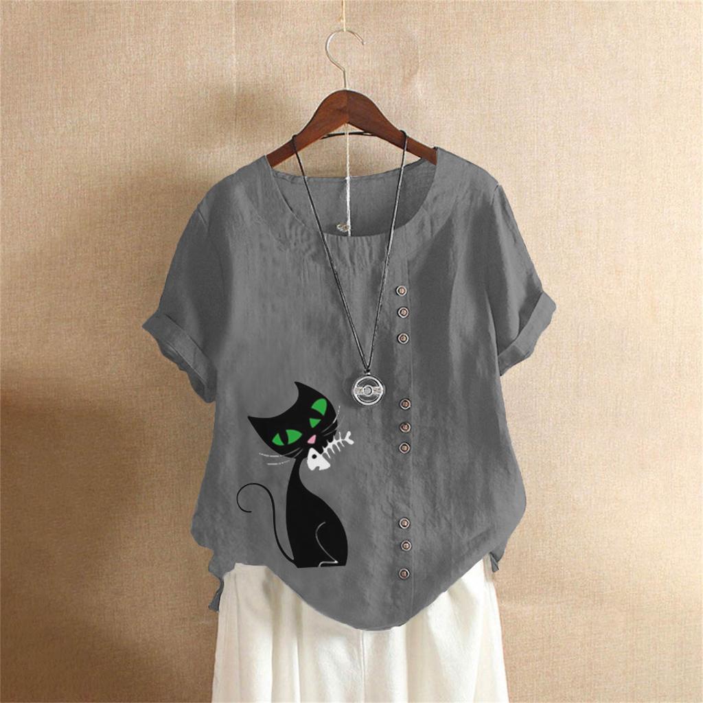 Summer Oversized Cotton and Linen Short-sleeved T-shirt, Cotton and Linen Cat Printed Oversized Women's Clothing