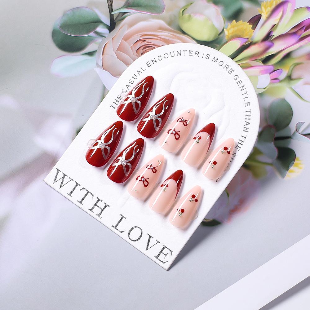 24Pcs Medium Almond Medium Almond Press on Nails Glossy Red Cherry Bow Design False Nails Cute Acrylic French Y2K Manicure Deco