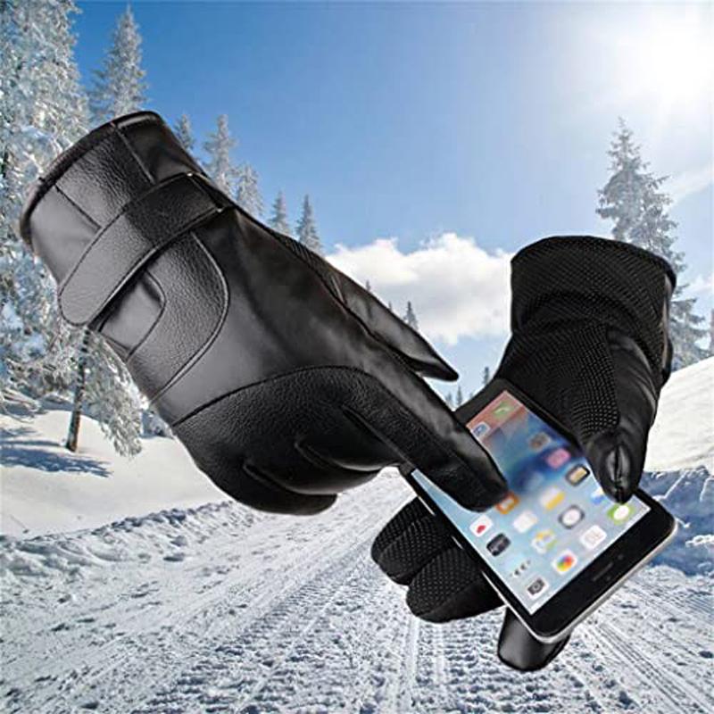 Touchscreen Leather Gloves Winter Warm Waterproof Windproof Fleece-Lined Thickened Outdoor Motorcycle Riding Gloves