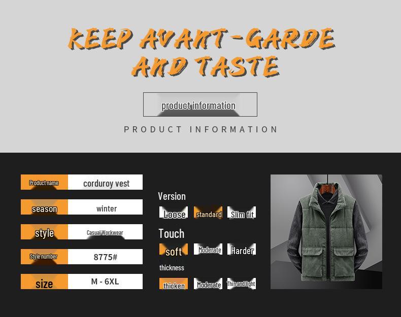 Men's Winter Fleece-Lined Corduroy Vest - Thick, Plus Size, Stand Collar, Sleeveless Jacket with Multi-Pocket Design.