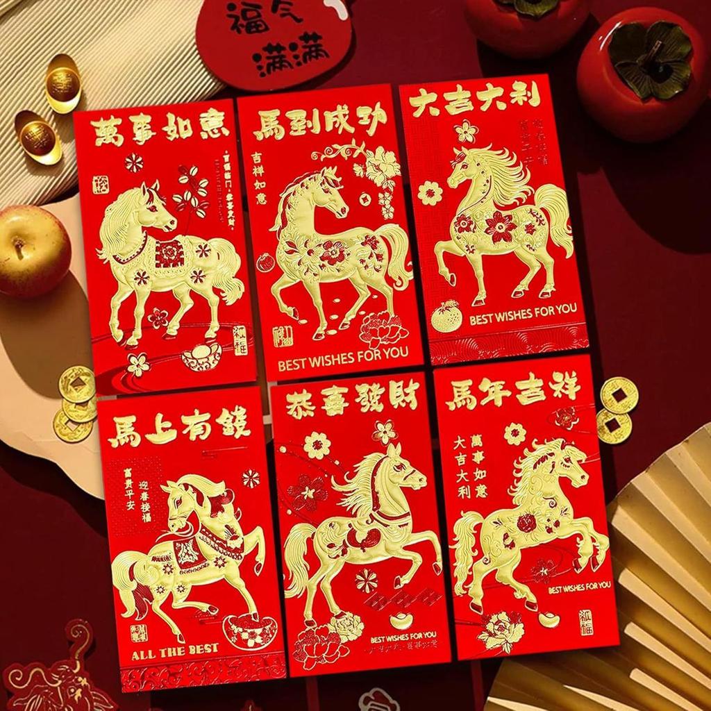 Chinese New Year Red Packets Year Of The Horse Red Envelopes 6 Pieces Holiday Party Supplies Lunar New Year Lucky Money Red Bag