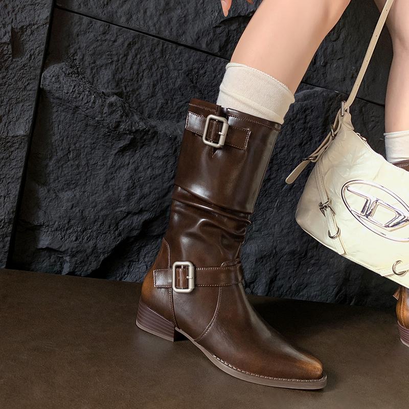 Fashion 2024 Autumn/winter Women Boots Square Toe Chunky Heels Boots for Women Fold Chelsea Belt Buckle Boots Mid-calf Women Shoes