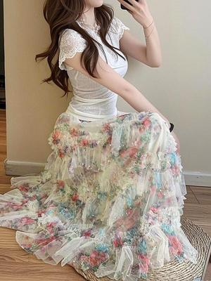 Τούλινη Φούστα με Κεντήματα και Λουλουδάτο Print, Ασύμμετρο Τελείωμα - Γυναικεία Διχτυωτή Φουσκωτή Φούστα