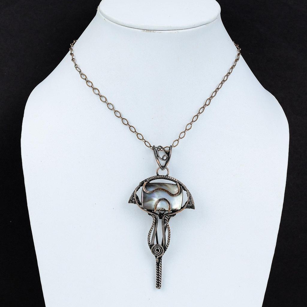 Perlmutt Anhänger Kupferdraht umwickelter Anhänger Handgefertigt Stilvoller Anhänger Edelstein Kupfer Schmuck Jubiläumsgeschenk Drahtumwickelter Schmuck