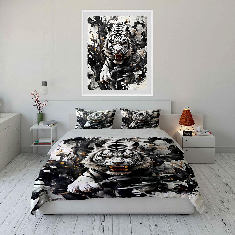 White Tiger with Black Smoke Bedding Duvet Cover Set (1*Duvet Cover 2*Pillowcases, Without Duvet Insert)