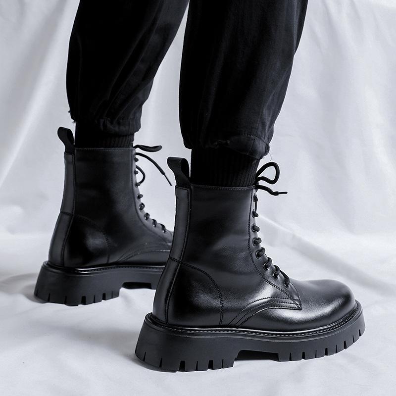 British Style Mens Casual Platform Boots Lace-up Genuine Leather Shoes Party Nightclub Dress Cowboy Boot High Motorcycle Botas