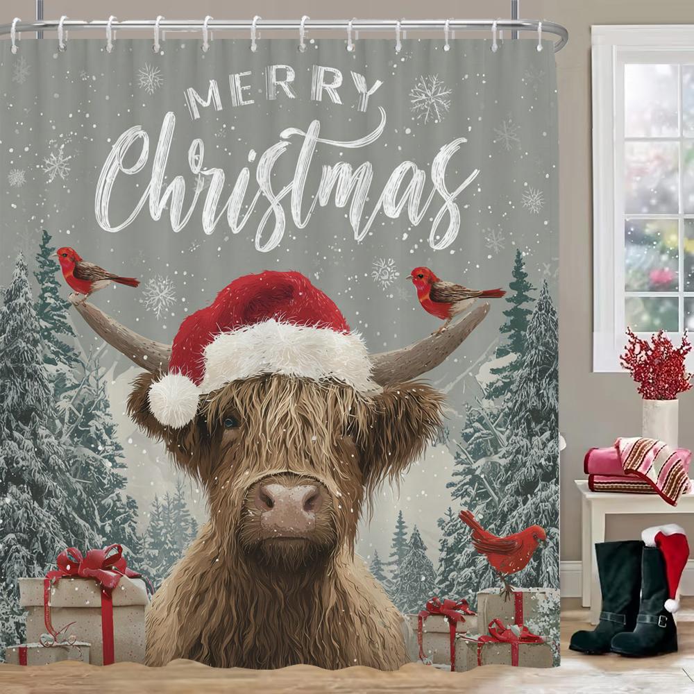 Merry Christmas Shower Curtain With Hooks Christmas Highland Cattle Shower Curtain Home For Decoration Curtain