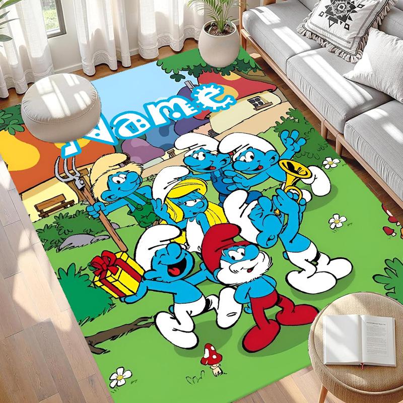 Custom Name Personalized Blue Smurfs Print Carpet, Versatile Home Decor Rug, for Playroom, Apartment, Balcony, Entryway, Hallway Gift