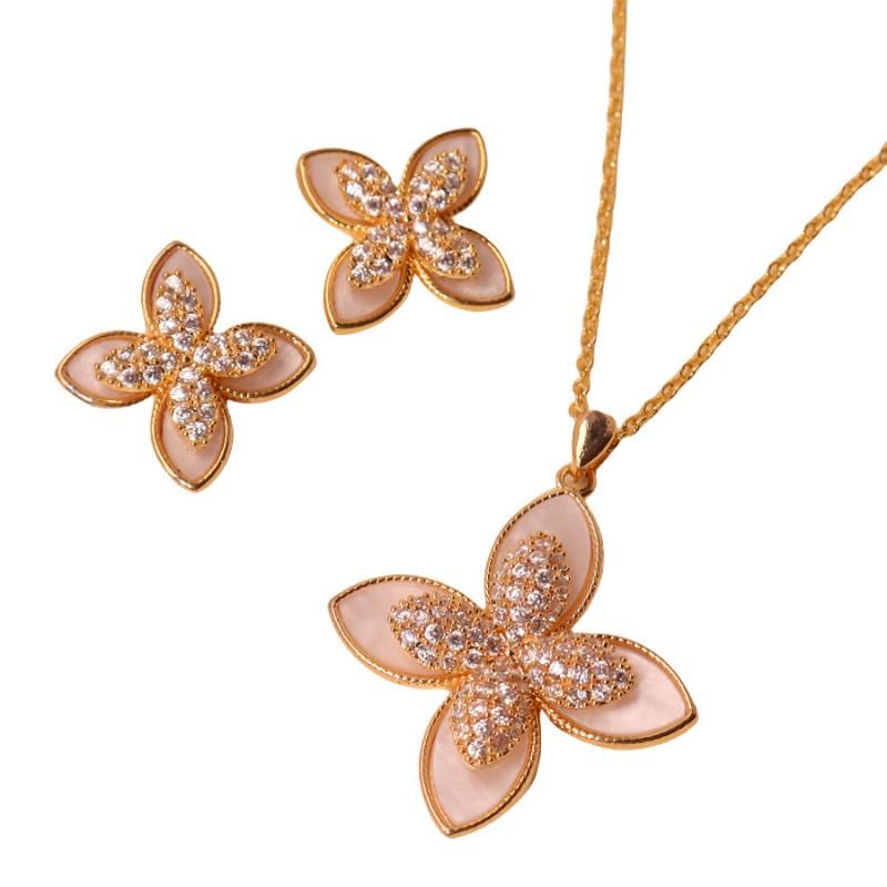 Gold Plated Clover Leaf Jewelry Set Women - Earrings Necklace Minimalist Fashion Accessory Hypoallergenic Copper Alloy