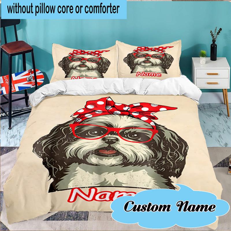 Custom Name 3PCS Vintage Dog Portrait Art Bedding Set Including 1pc Duvet Cover And 2pcs Pillowcases for Bedroom, Dormitory Gift Home Decor