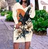 Women Plus Size V Neck Long Sleeve Black Purple Printed Fitted Dress