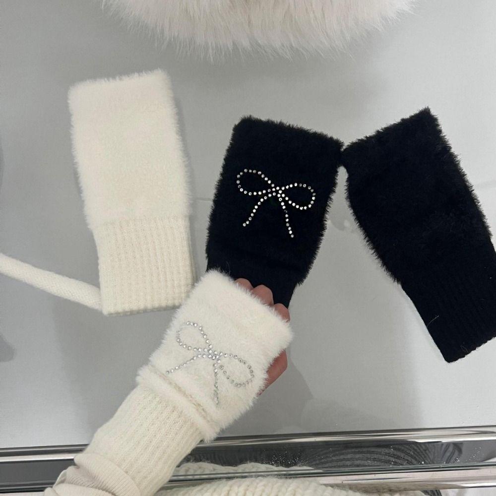 Hotfix Rhinestone Knitted Gloves Plush Half Finger Mittens Soft Bow Gloves  Cycling