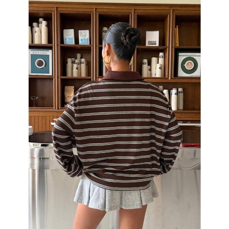 Womens Striped Button Polo Collar Long Sleeve Casual Loose Sweatshirt