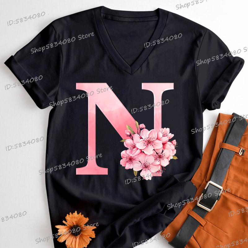 Pink Sakura Alphabet Shirts Gift for Women Letter S Floral Monogram Cartoon Tshirt Cherry Blossom Letters A B C D Casual Tops