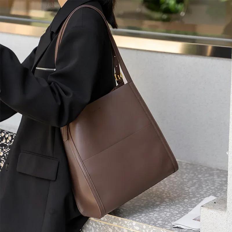 Ladies Soft Cowhide Tote Casual Bucket Handbags Girl Female Luxury Design Shoulder Bags Women‘s Natural Cow Real Leather Bag