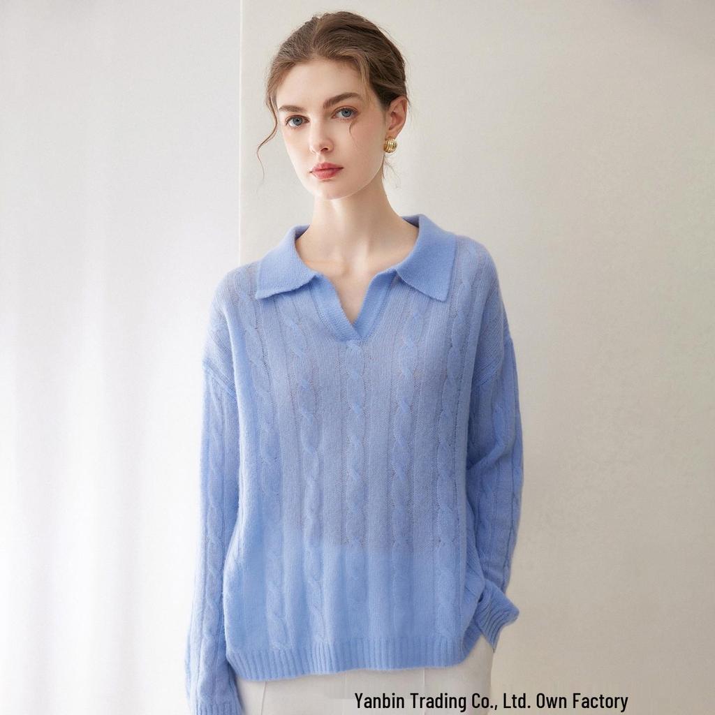 Women's Cashmere Cable Knit Sweater - New Lapel Style, Loose Fit, Autumn/Winter Versatile Top in Pink, Purple, and Light Blue.