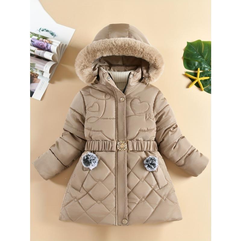 [Stylish Coat] Winter Coat | Stylish Girls' Parka with Faux Fur Hood, Heart-Shaped Diamond Pattern, Warm Mid-Length - Beige, Polyester