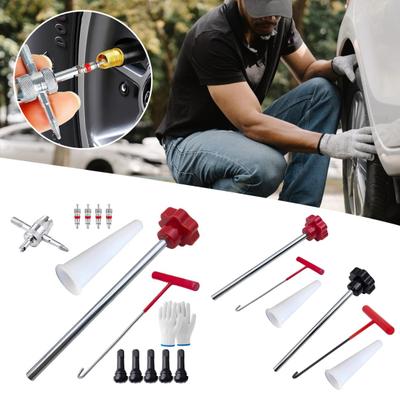 3/13Pcs/Set Quick Change Tire Valve Tool Kit Valve Core 4-Way Valve T-shaped Hook Tapered Positioning Tube Push Rod Gloves Cars Valves Repair