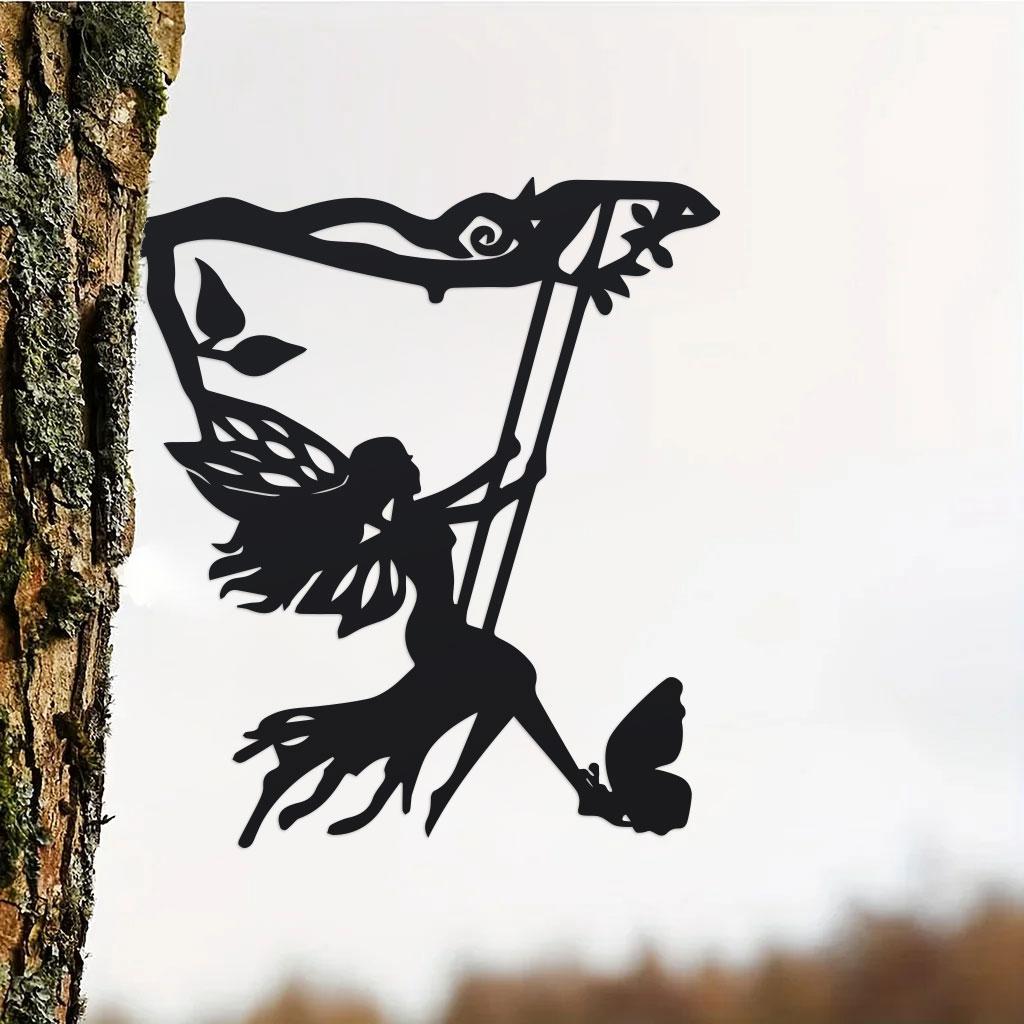 1pc Metal Swing Elf On Branch - Whimsical Steel Silhouette Wall Art & Garden Stake | Outdoor Patio, Yard, Home Decor