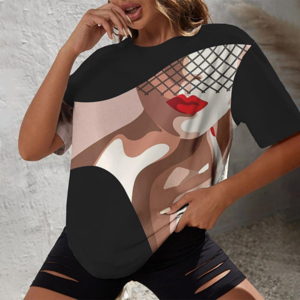 

Літня вулична повсякденна комфортна щоденна жіноча футболка модна та мінімалістична намальована вручну портретна принтована футболка з круглим вирізом 3XL