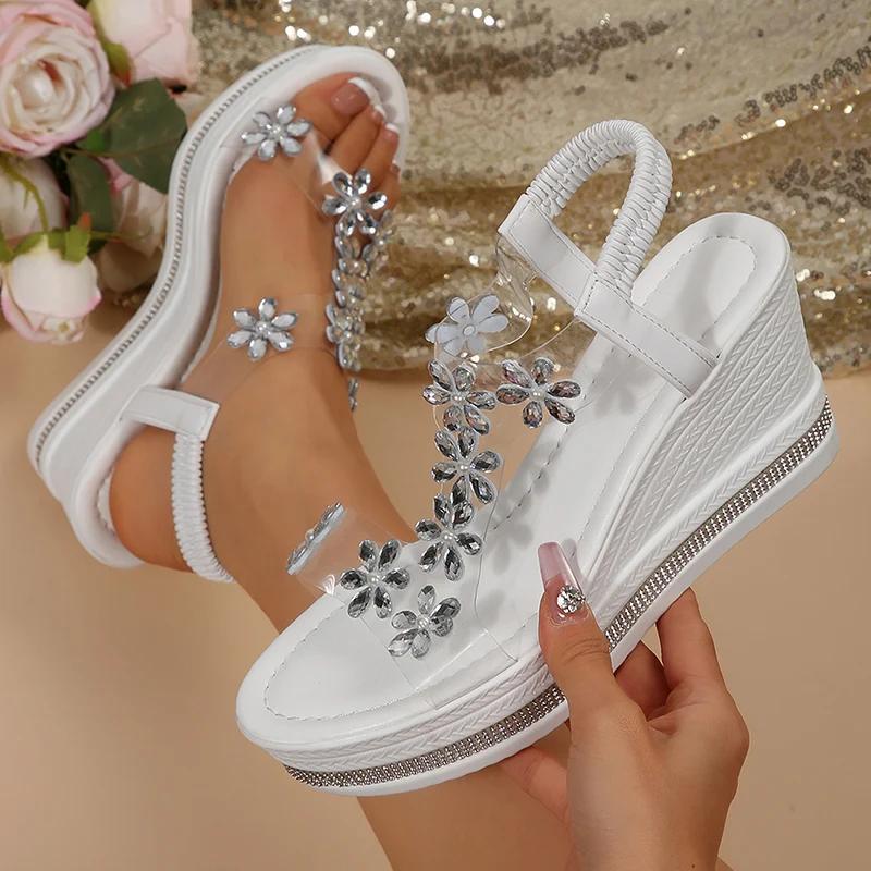 Fashion Rhinestone Flower Wedge Heel Sandals for Women Summer 2025 Bohemian Style Beach Shoes Woman Transparent PVC Platform Sandalias