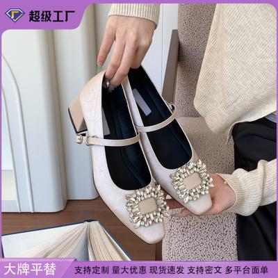 Grape Mother Spring New High Heels Women Wear High-end Rhinestone Square Buckle Mary Jane Single Shoes Women's Soft-soled Women's Shoes