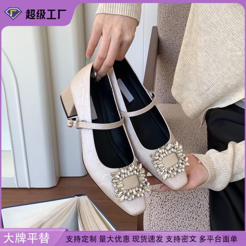 Grape mother spring new high heels women wear high-end rhinestone square buckle Mary Jane single shoes women's soft-soled women's shoes