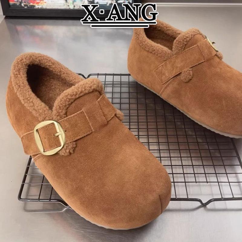 Cowhide Version Inner Height Increase All-inclusive Women's Velvet Thermal Cotton Shoes Lamb Wool Shoes One Pedal