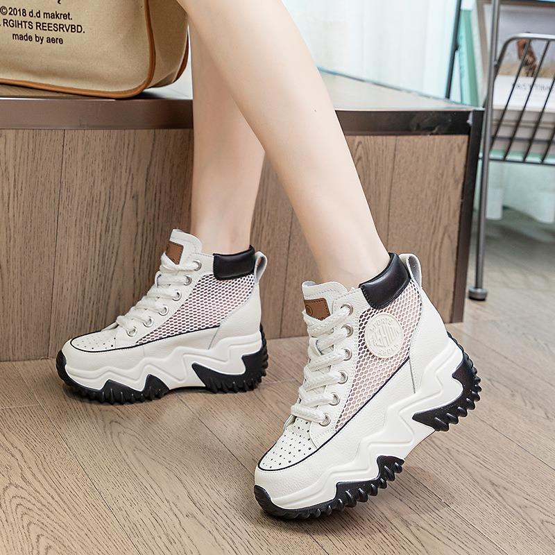 376 inner height increase 7 leather dad shoes women, spring new versatile thick-soled pine