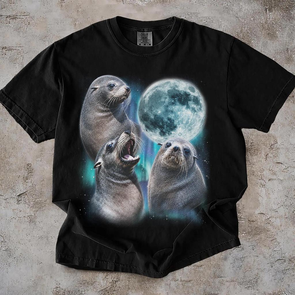 Baby Seal Howling Moon T-Shirt, Aurora Borealis Graphic Tee, Ocean Animals Shirt