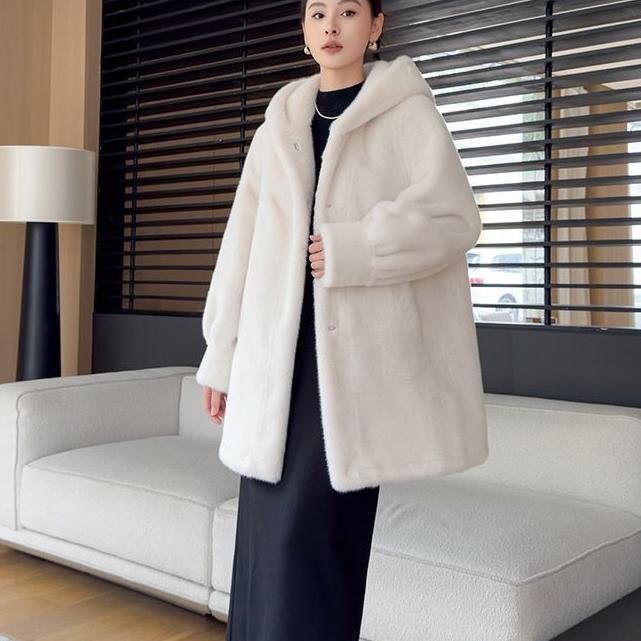 Women's Winter Fur Coat Mid-Length Thickened Eco-Friendly Hooded Fur Coat Faux Mink Fur Coat