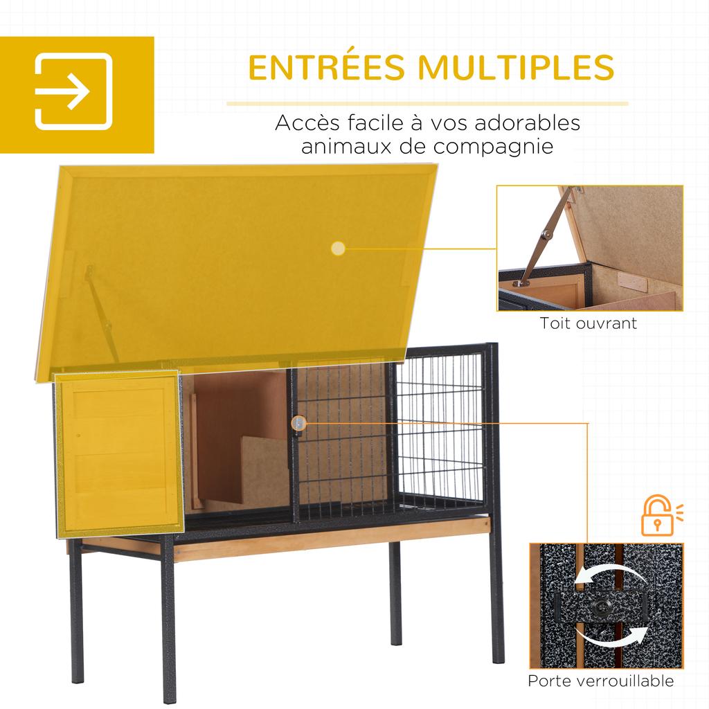 Wooden Rabbit Hutch Guinea Pig Hutch Bunny Cage Metal Frame Elevated Pet House with Slide-Out Tray Lockable Door Openable Roof Natural Wood 91.5 x 45