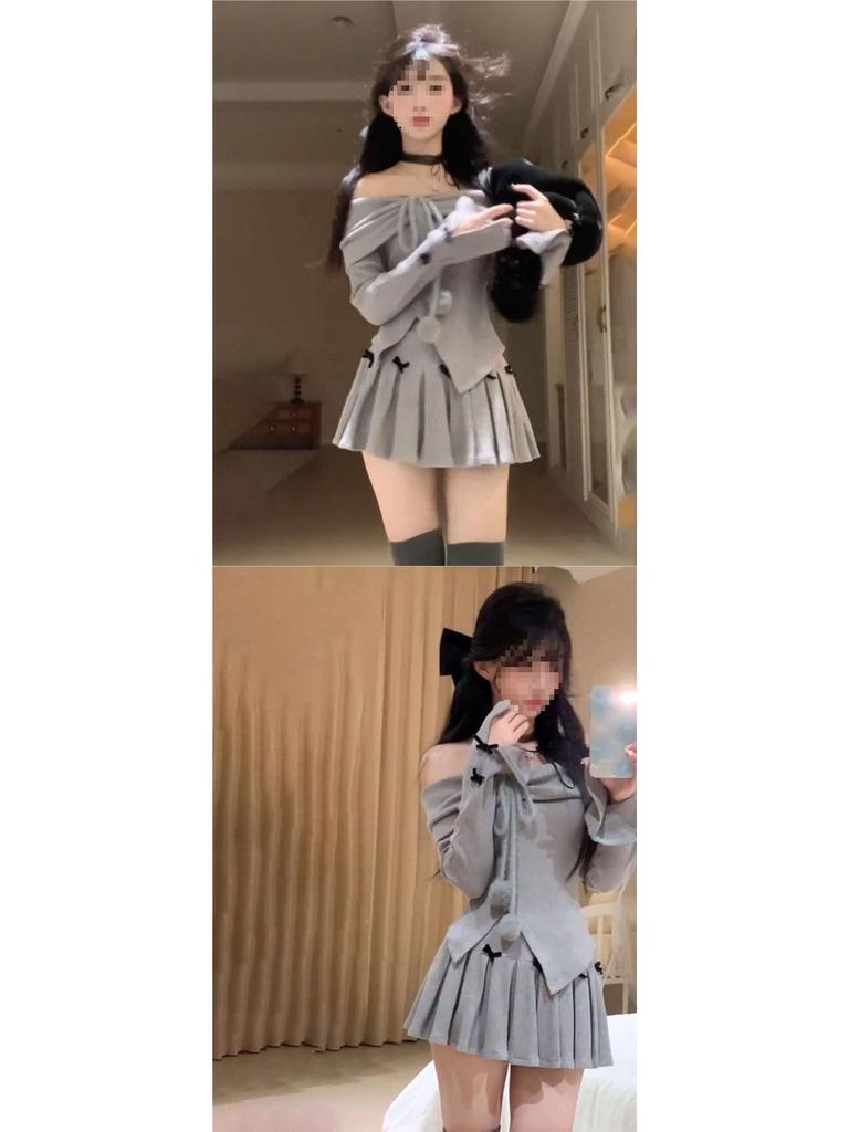 Korean-Style Petite Women's Spring Outfit: Off-Shoulder Top & Pleated Mini Skirt Set