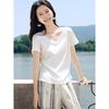 T-shirt estiva da donna XWI con scollo a V in pizzo a maniche corte