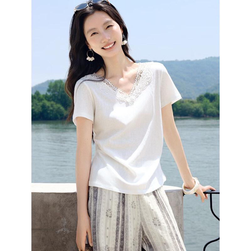 T-shirt estiva da donna XWI con scollo a V in pizzo a maniche corte