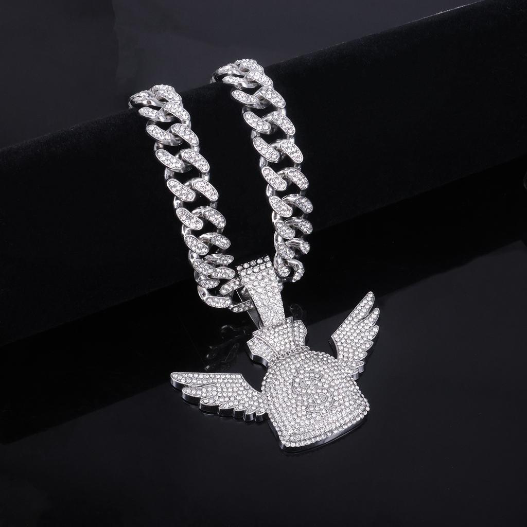 Alloy Necklace Men's Trend Cross-Border Flying Money Bag Wings US Dollar Pendant, Hip Hop Fashion Diamond Pendant