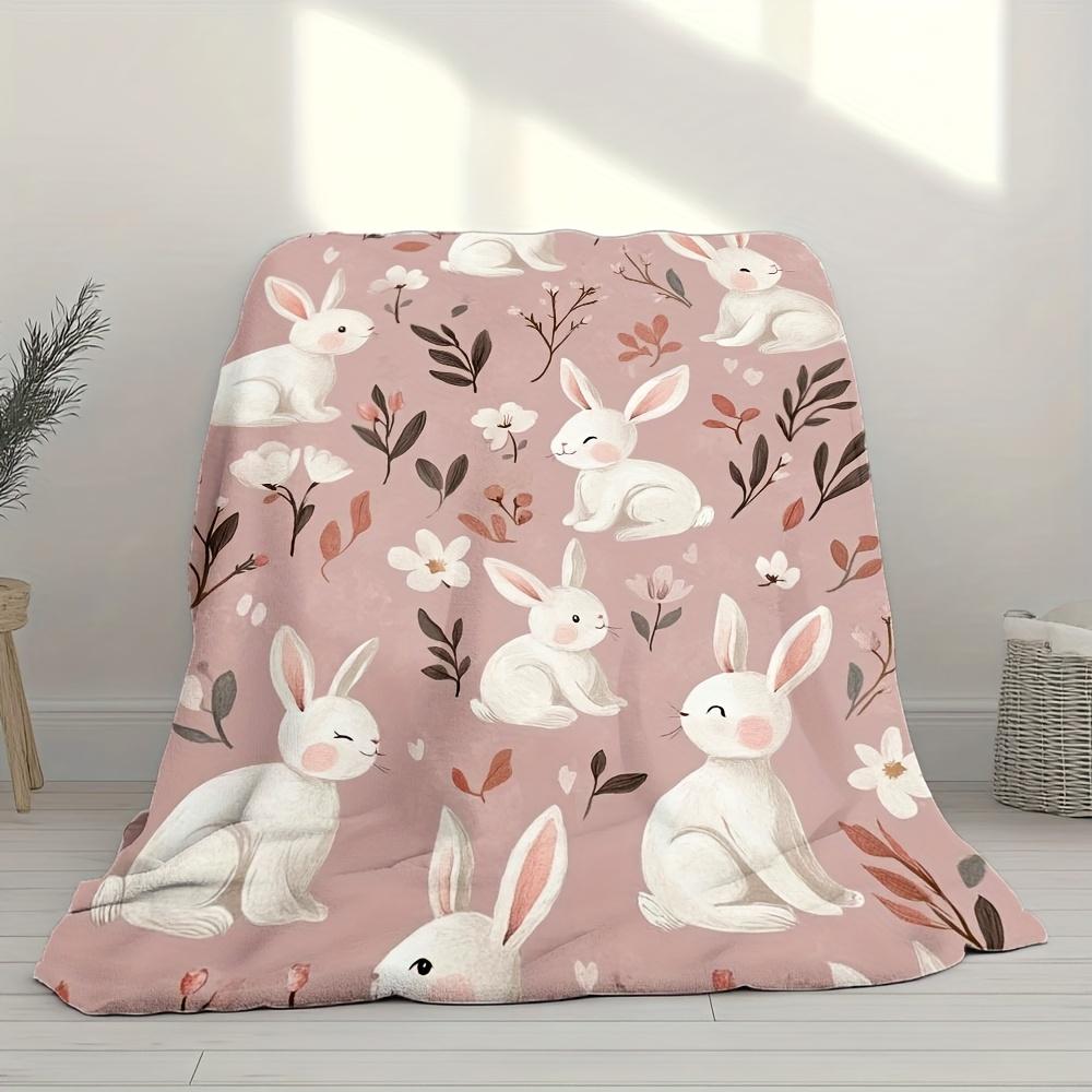 1pc Soft Easter Bunny Garden Flannel Throw Blanket - Cozy Pink Floral & Rabbit Design for Bed, Sofa, Chair, Office, and Travel