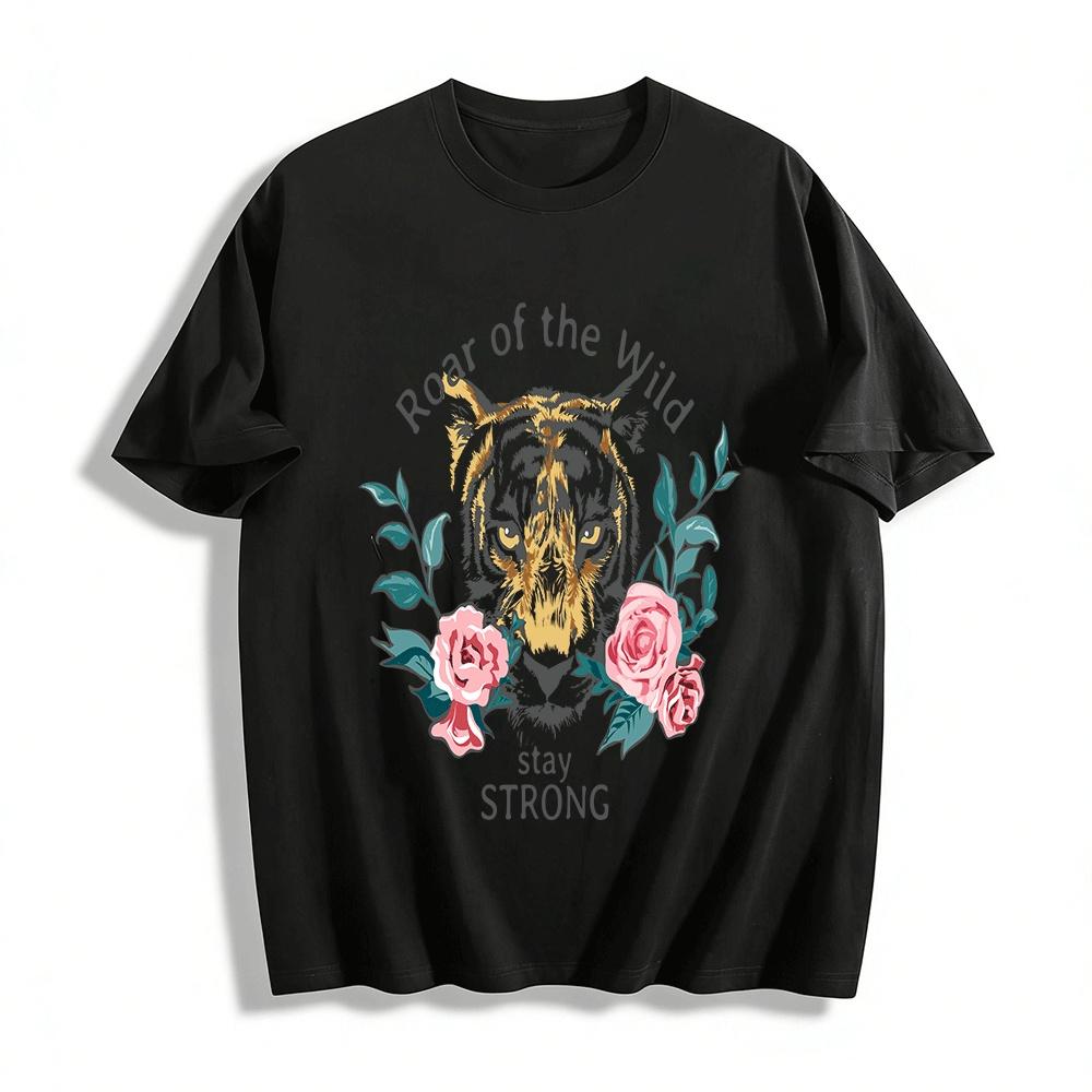 Wild Roar Stay Strong Tiger & Rose Graphic Print Casual Tee Pure cotton T-shirt XXS