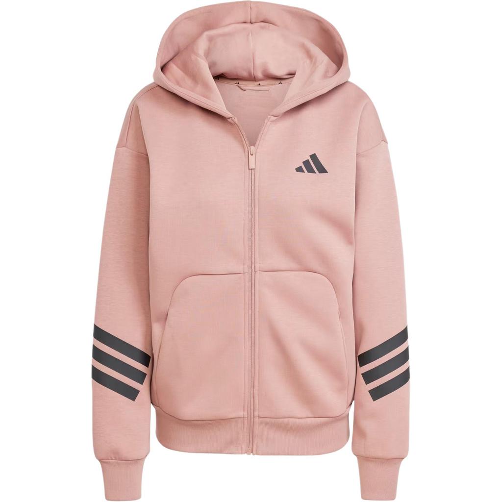 adidas Essentials Series Striped Zip-Up Hooded Sweatshirt Women Long Sleeve Daily Outerwear Warm Clay JE0177
