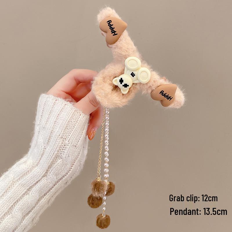 Korean Style Plush Bow Hair Clip with Tassel - Autumn/Winter Women's Hair Accessory