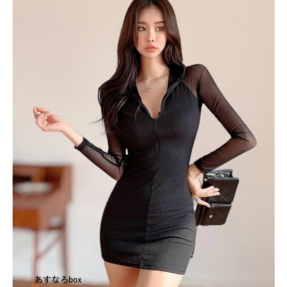 Asunaro Box Mini Tight Long See-Through Dress, Simple, Sexy, Sheer, Bodycon, Sleeves, Women's (Size S)