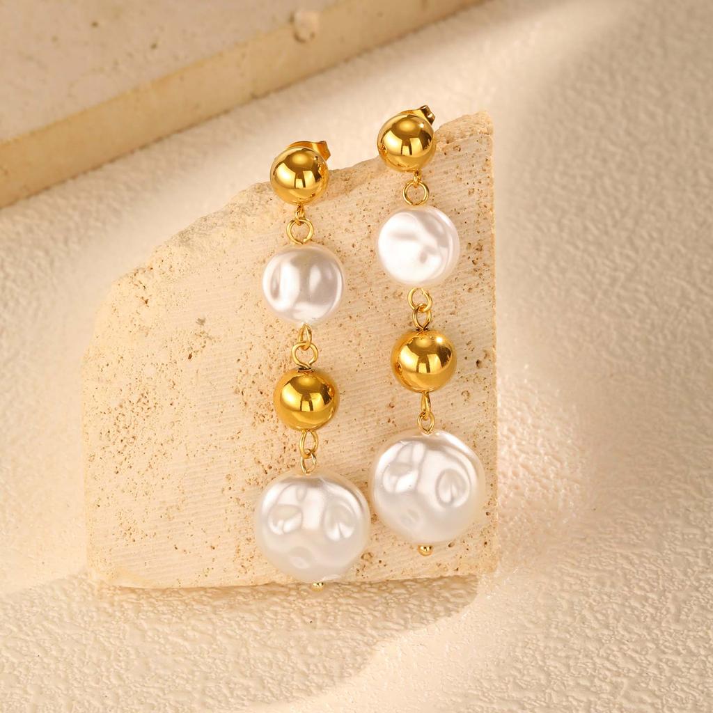 Vintage Irregular Imitation Pearl Earrings for Women, Gold Color Stainless Steel Drop Earrings, Elegant Jewelry Party Gifts