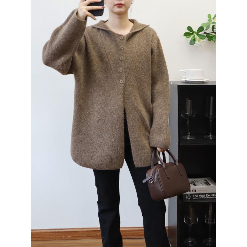 Autumn and winter new hooded design sense medium and long sweater jacket solid color loose high sense knitted cardigan women
