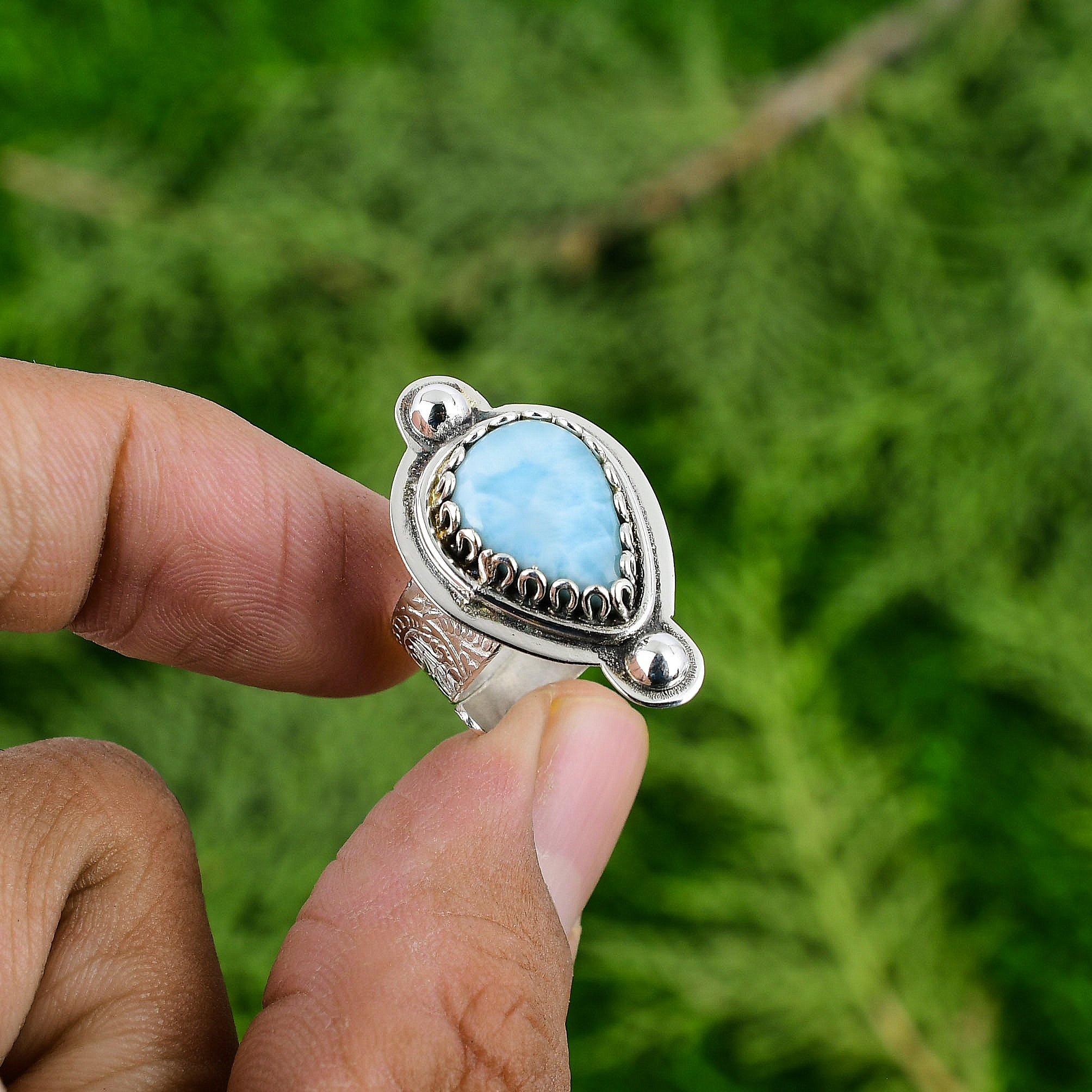 

Натуральный Ларимар Драгоценный Камень Штабелируемое Синее Регулируемое Кольцо 925 Стерлинговое Серебро Adjustable