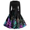 Christmas Print Flare Dress For Women Long Sleeve Dress Hollow Party Casual Dresses