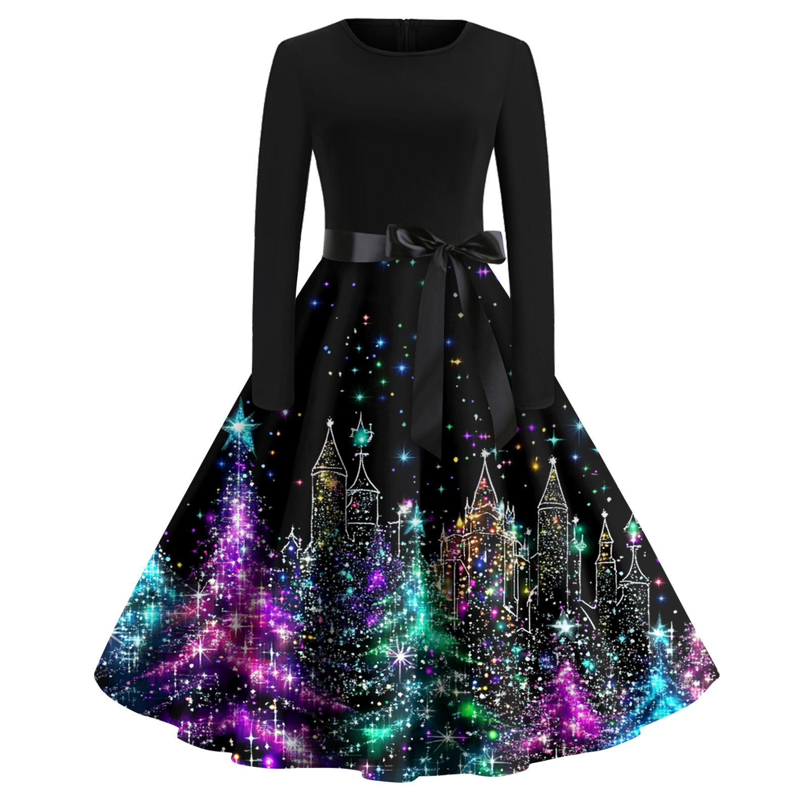 

Christmas Print Flare Dress For Women Long Sleeve Dress Hollow Party Casual Dresses S