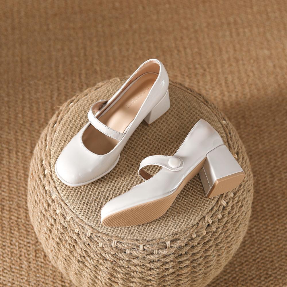 Mary Jane Retro Shallow Mouth Fashion Simple Medium Thick Heel High Single Shoes Women's Word with Decorative Buckle Wedding Shoes