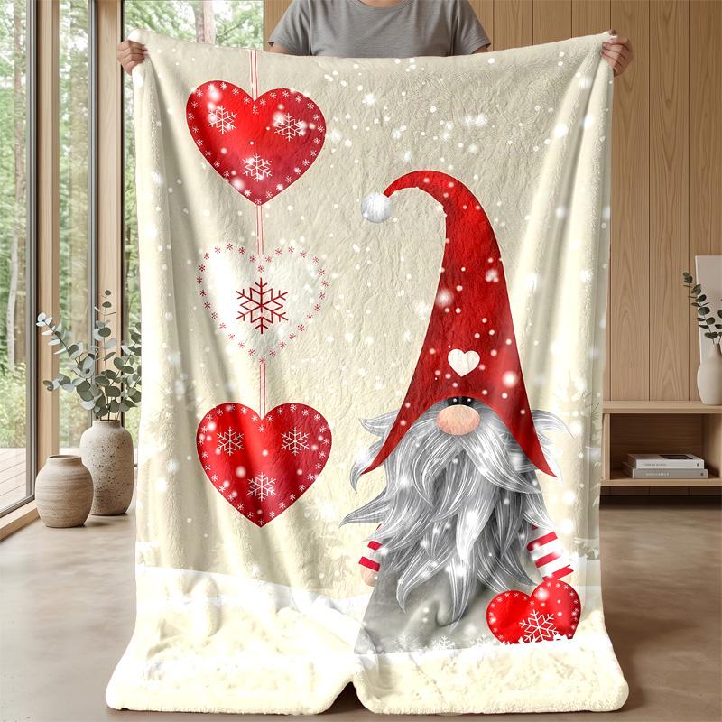 Snowy Gnome with Hearts Theme Blanket Lightweight Warm Flannel Blanket Decorative Throw Blanket for Home Decoration