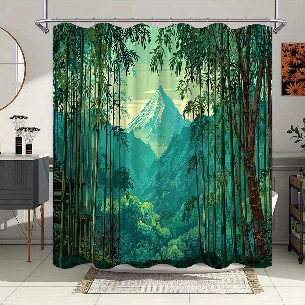 1pc Serene Bamboo Forest Shower Curtain - Japanese Style with Snow-Capped Mountain & Pastel Sky, Zen Bathroom Decor, Includes